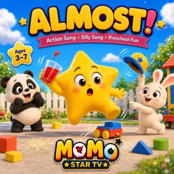 Cover art for “Almost” by MoMo Star TV: Momo stumbling across a playground and spilling a red cup, while Panda gasps and Bunny reaches for a flying cap.