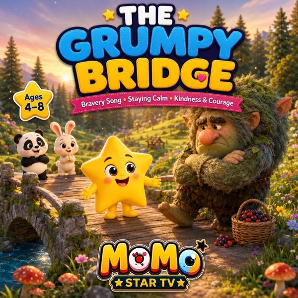 Cover art for “The Grumpy Bridge” by MoMo Star TV: Momo meeting a grumpy, mossy troll at a stone bridge, with Panda and Bunny behind.